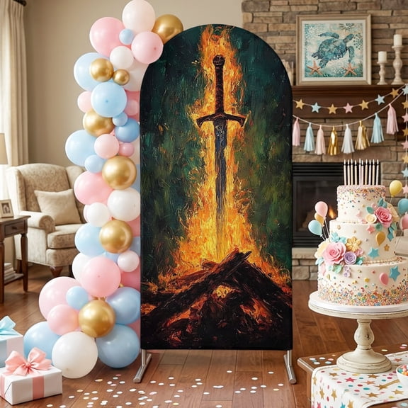 Fire Sword Arch Backdrop Covers 4 FT, Dramatic Burning Wood Gold Flickering Flames Stretchy Fitted Arched Stand Covers Party Arch Stand Cover Photo Booth for Wedding Birthday Decor
