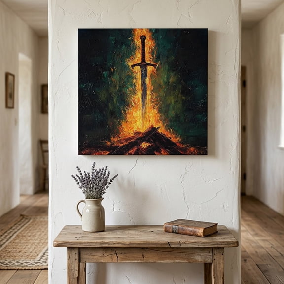 Fire Sword Canvas Wall Art for Living Room Bedroom Bathroom, Dramatic Burning Wood Gold Flickering Flames Canvas Art Wall Decor, Artwork for Walls Home Office Decor, 8"x8"