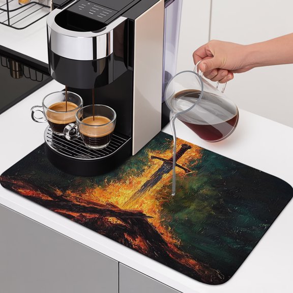 Fire Sword Dish Drying Mats for Kitchen Counter, Dramatic Burning Wood Gold Flickering Flames Absorbent Coffee Bar Mat with Non-slip Rubber Backed Quick Drying Dish Rack Pad 12"x16"