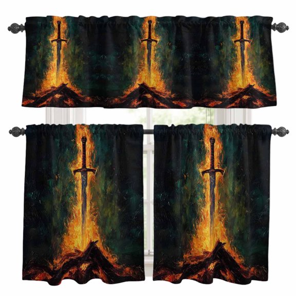 Fire Sword Kitchen Curtains Set for Windows, Dramatic Burning Wood Gold Flickering Flames Curtains Valance and Tier 3 Piece Set Small Drapes 24 Inch Length for Kitchen Bedroom Decor