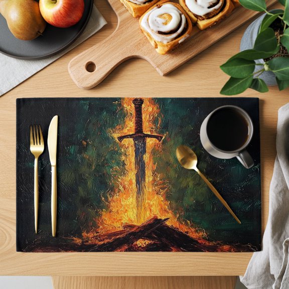 Fire Sword Placemats Set of 12, Dramatic Burning Wood Gold Flickering Flames Non-Slip Place Mats Washable Table Mats for Kitchen Dining Table Decorations Indoor/Outdoor