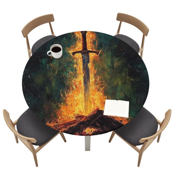 Fire Sword Round Fitted Table Cover Dramatic Burning Wood Gold Flickering Flames Waterproof Table Cloth with Elastic Edge Wipeable Tablecloth for Picnic Camping Party Fits 36"-44" Tables