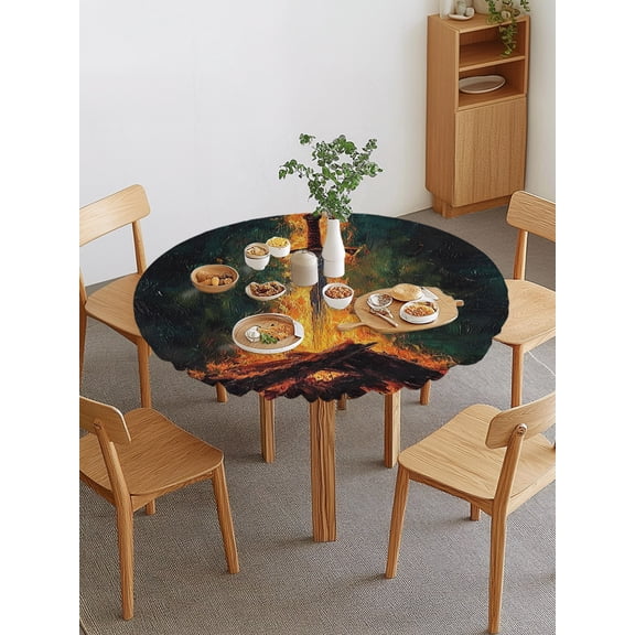 Fire Sword Round Fitted Tablecloth with Elastic Edge, Dramatic Burning Wood Gold Flickering Flames Waterproof Stretch Table Covers for 36"-44" Tables Wipeable Table Cloth for Outdoor