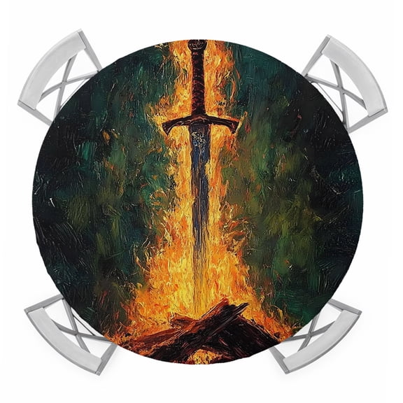 Fire Sword Round Table Cover, Dramatic Burning Wood Gold Flickering Flames Waterproof Fitted Tablecloths for 36"-44" Tables, Washable Picnic Table Cover for Camping Dining Indoor Outdoor