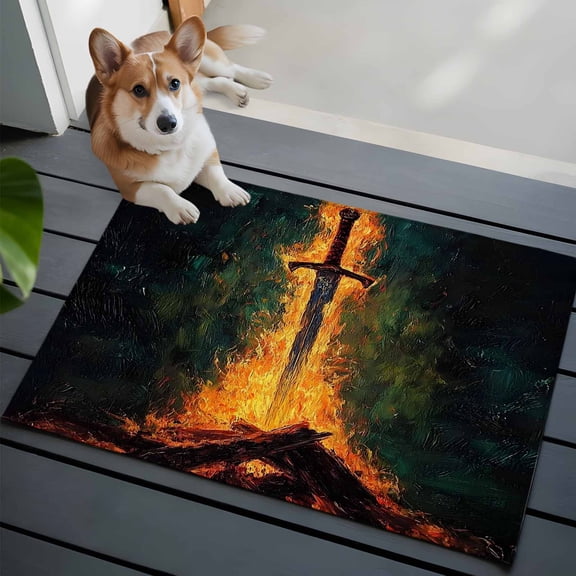 Fire Sword Small Area Rugs 2x3 Dramatic Burning Wood Gold Flickering Flames Entryway Rugs Washable Door Mat, Low-Profile Area Rugs Non Slip Floor Carpet for Living Room Bedroom Home Office