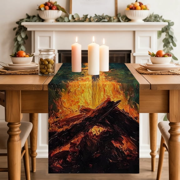 Fire Sword Table Runner 13x72 Inch Dramatic Burning Wood Gold Flickering Flames Cotton Linen Dining Table Runner Ideal for Dresser Kitchen Coffee Tables - Machine Washable