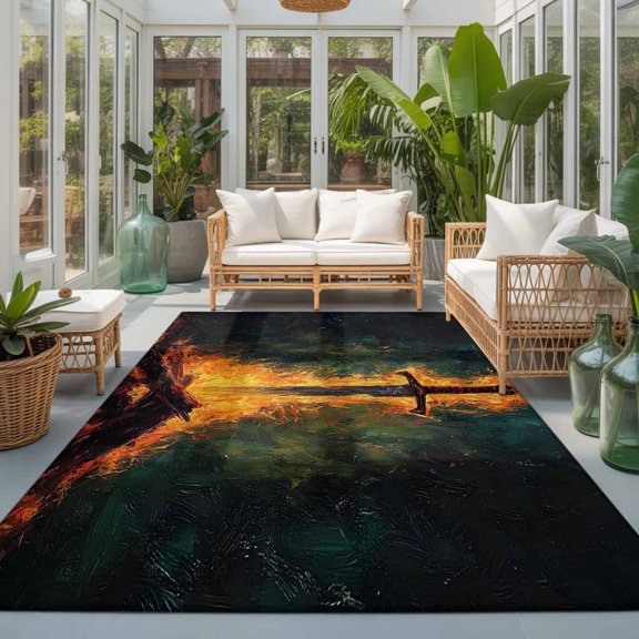 Fire Sword Washable Living Room Rugs 9'x12', Dramatic Burning Wood Gold Flickering Flames Washable Throw Large Area Rug Non-Slip Sturdy Edge Binding Carpet for Bedroom Dining Room Office