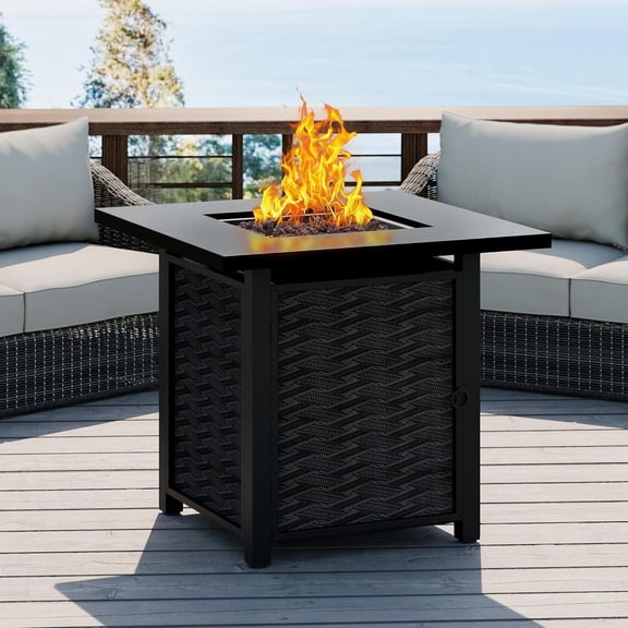 Fire Table, 28 in Outdoor Fire Pit Table with Lava Rocks, 50,000 BTU Square Fire Table with Lid and Rain Cover, 2-in-1 Firepit Table for Patio, Backyard, Balcony