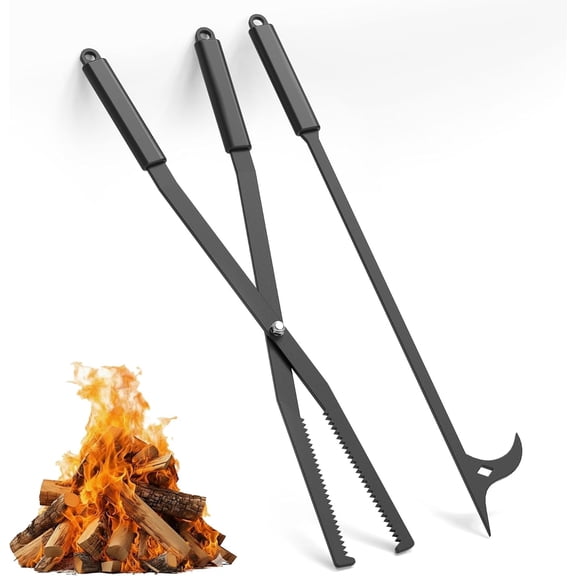 Fire Tongs and Fire Poker Set,   Fire Pit Tools for Outside, Heavy Duty Fireplace Tongs Log Grabber for Campfire, Wood Stove, Rust-Resistant Firewood Tong Set