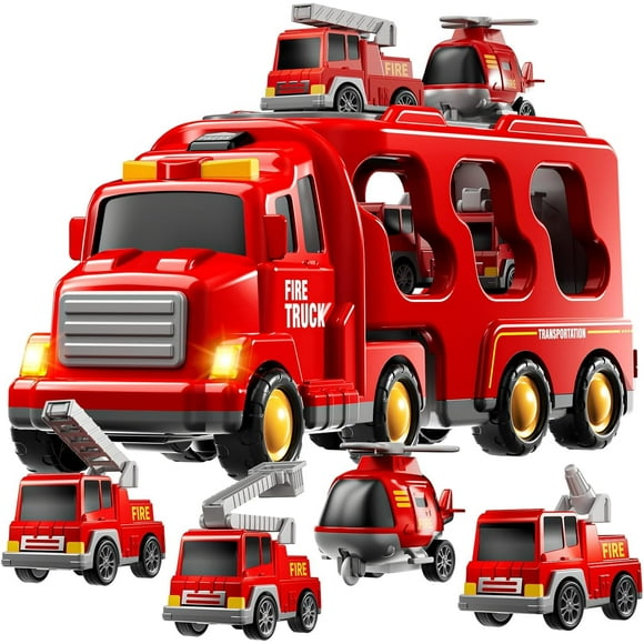 Fire Toys for 3 4 5 6 Years Old Boys Girls - 5 in 1 Carrier Truck Transport for Toddlers, Friction Powered Vehicles for Kids 3-5, Christmas Birthday Gifts - Age 3-9