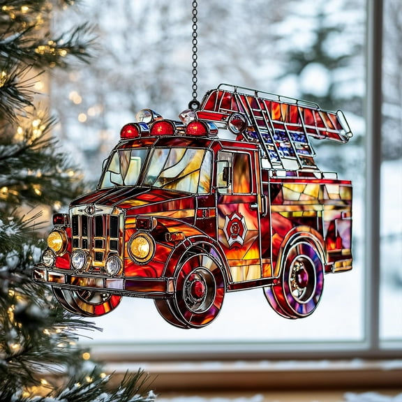 Fire Truck Acrylic Suncatcher, Firefighter Window Hanging, Hero Sun Catcher Gift