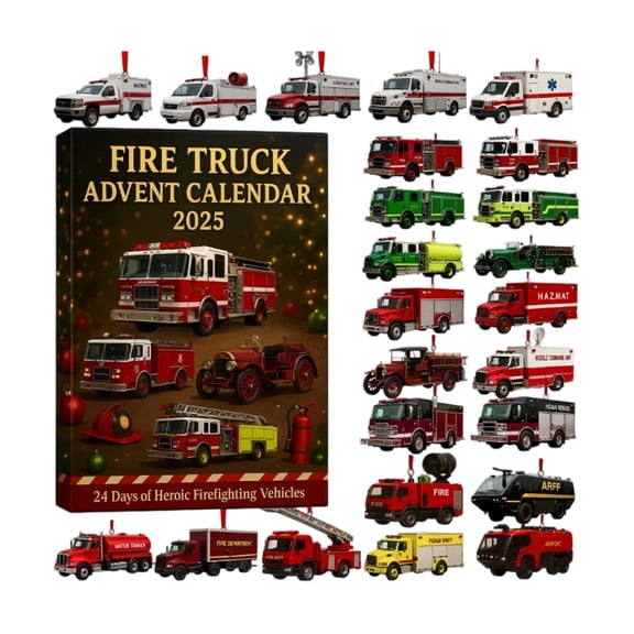 Fire Truck Advent Calendar 2025 24 Piece Countdown Blind Box with Mailer Box 2D Flat Vehicle Collection for Holiday Display