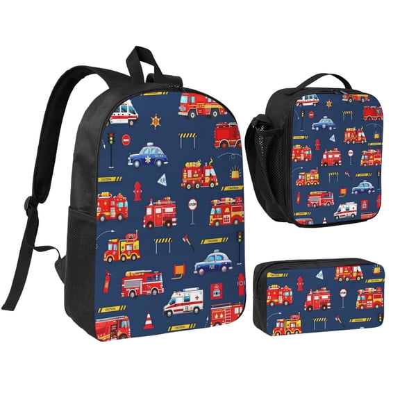 Fire Truck Backpack Set 3pc ，Backpack with Lunch Bag and Bag 17 Inch
