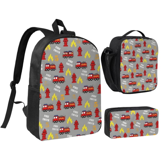 Fire Truck Backpack Set 3pc Including Backpack, Lunch Bag and Pen Bag Combination