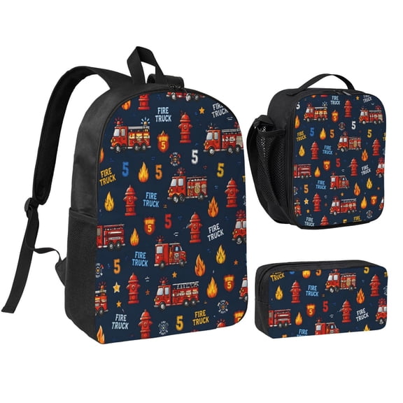 Fire Truck Backpack Set 3pc Including Backpack, Lunch Bag and Pen Bag Combination