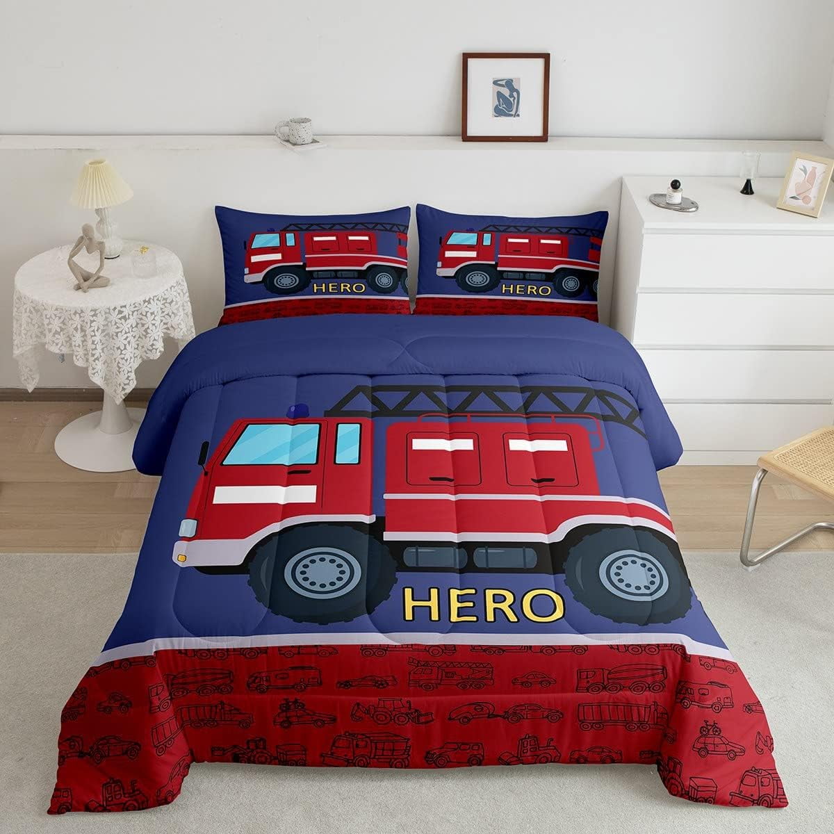 Fire Truck Bedding Comforter Sets,Firefighter Car Bedding Sets Full