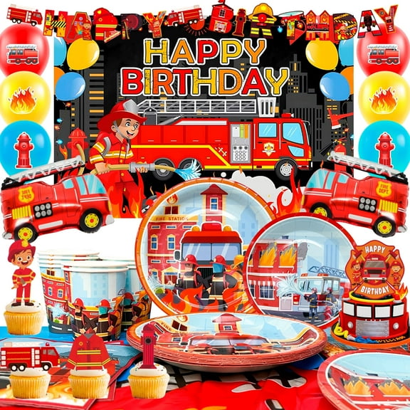 Fire Truck Birthday Party Supplies, 114pcs Firetruck Birthday Decorations & Tableware Set - Fire Truck Party Plates Cups Napkins & Firefighter Themed Balloon Backdrop etc Fire Truck Party Supplies