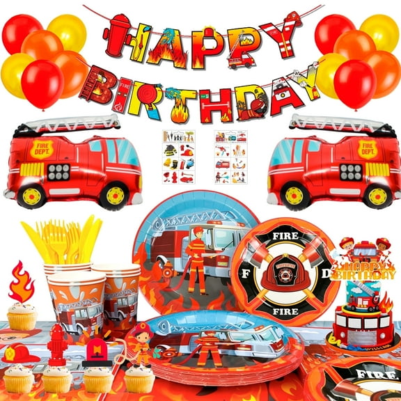 Fire Truck Birthday Party Supplies,155pcs Fire Truck Birthday Party Decorations for Boys-Firetruck Birthday Decorations Balloons Plates Napkins Tablecloth etc Fire Truck Themed Birthday Party Supply