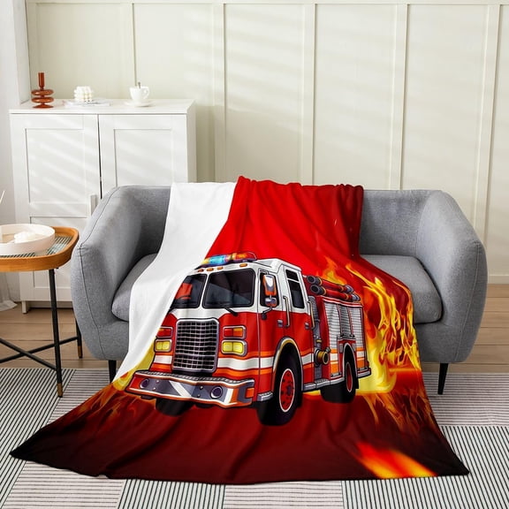 Fire Truck Blanket for Boys Kids Red Fire Engine Throw Blanket