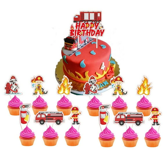 Fire Truck Cake Topper CupcakeS Set Birthday Party Supplies Decoration Decor Kit