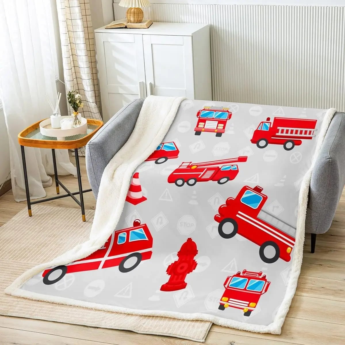 Fire Truck Car Sherpa Blanket Cartoon Firefighter Fleece Throw Blanket