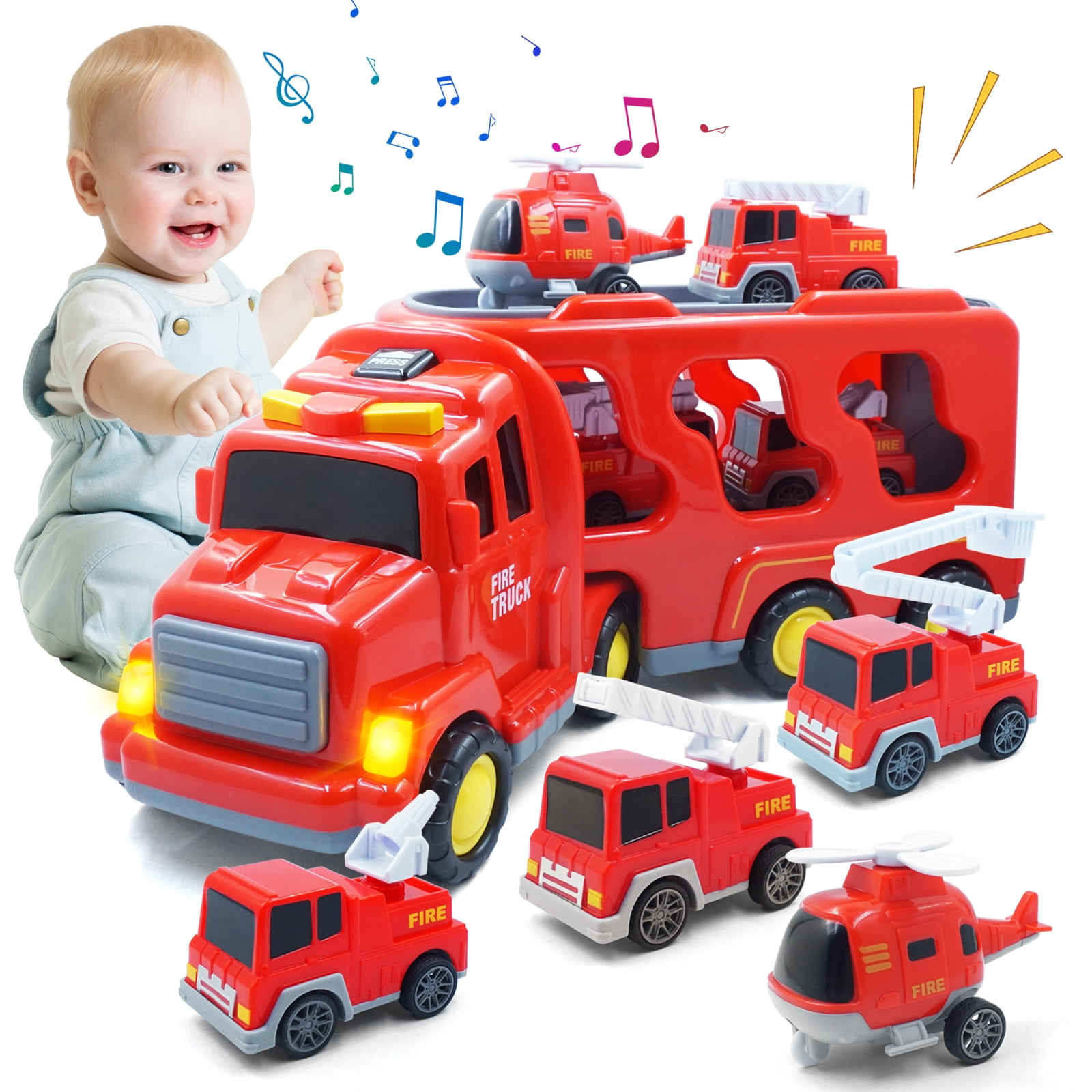 Fire Truck Car Toys Set, Friction Powered Car Carrier Trailer with ...
