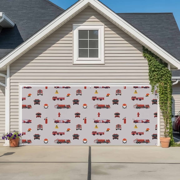 Fire Truck Cars Garage Door Banner Covers, Abstract Cartoon Fire Truck Fireman Hard Hat Barricade Grey Large Hanging Indoor/Outdoor Backdrop Background for Christmas Winter Party Decor, 6x13ft
