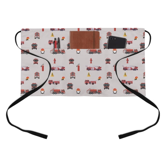 Fire Truck Cars Half Waist Apron Abstract Cartoon Fire Truck Fireman Hard Hat Barricade Grey Short Waiter Aprons with 3 Pockets for Women Men Kitchen Restaurant Cooking