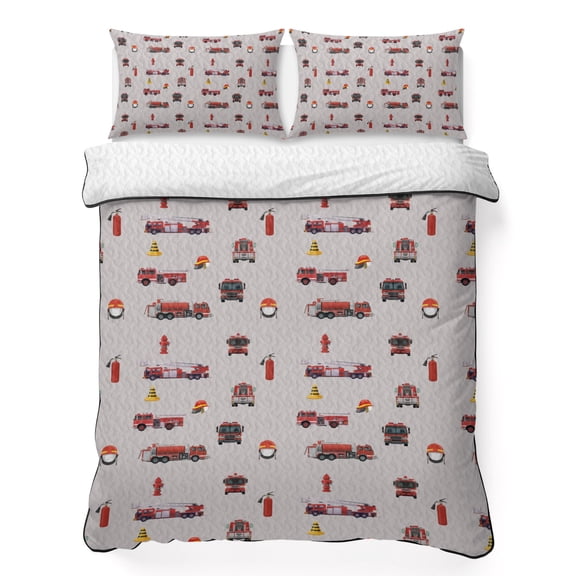 Fire Truck Cars King Quilt Bedding Set, Abstract Cartoon Fire Truck Fireman Hard Hat Barricade Grey Lightweight Comforter with 2 Pillow Shams Bedroom Bedspread Set Home Decor for All Seasons