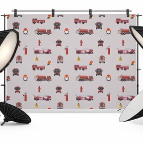 Fire Truck Cars Photography Backdrop 7x5FT, Abstract Cartoon Fire Truck Fireman Hard Hat Barricade Grey Photo Backdrops, Background for Photography Studio, Back Drop for Photoshoot