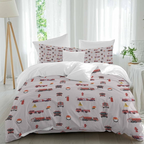Fire Truck Cars Queen Size Comforter Set, Cartoon Fire Truck Fireman Hard Hat Barricade Bedding for All Seasons, 4 Pcs Bed Set, 1Quiltcover (90"x92") ,1Sheet(94"x116"), 2Pillowcases (30"x20")