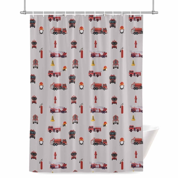 Fire Truck Cars Shower Curtain, Abstract Cartoon Fire Truck Fireman Hard Hat Barricade Grey Waterproof Shower Curtain Set with 12 Hooks Lightweight Bath Curtains Fabric Bathroom Decor 72x72 Inches