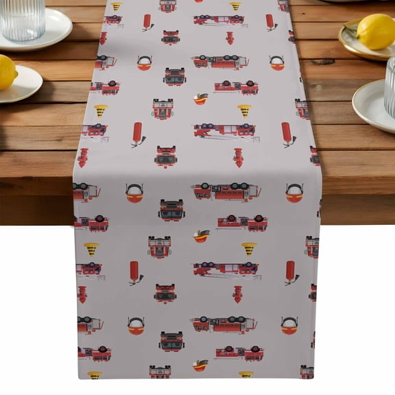 Fire Truck Cars Table Runner, Abstract Cartoon Fire Truck Fireman Hard Hat Barricade Grey Washable Kitchen Table Runners Dress Scarves for Dining Table Decorations Party, 13x36in