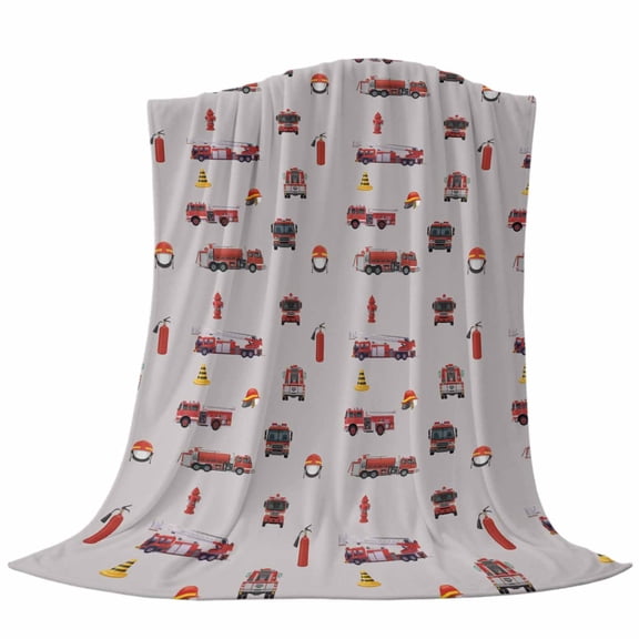 Fire Truck Cars Throw Flannel Blanket Abstract Cartoon Fire Truck Fireman Hard Hat Barricade Grey Super Soft Cozy Bed Blanket, Lightweight Plush Fuzzy Bed Throw for Bedroom Sofa Couch 50x60In,