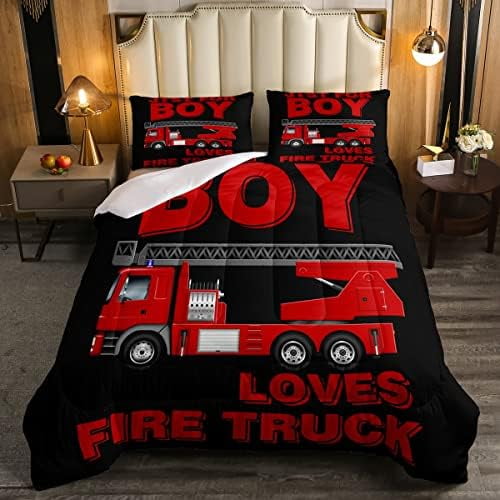 Fire Truck Comforter Set For Bedroom Decor Kids Car Down Comforter Twin Fire Engine Red Fire Truck Vehicle Bedding Set Emergency Rescue Quilt Set For