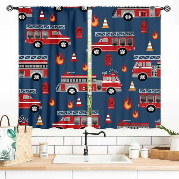 Fire Truck Curtains for Boys Room, Cartoon Fire Engine Fireman Car Vehicle Firefighter Blue Red Window Drapes Treatments for Kids Boys Girls Teen Bedroom Living Room Nursery 2 Panels, 27.5x36 Inch