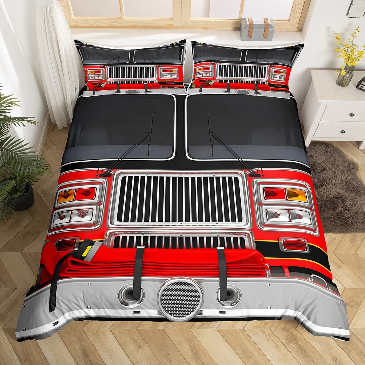Fire Engine Pattern Material Fire Truck Duvet Cover Set Twin Size Red Firemen Car Vehicle Bedding ...