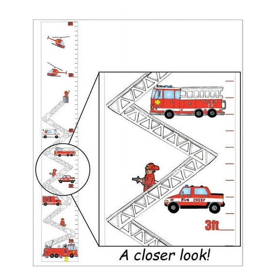 Fire Truck Growth Chart Wall Art Decor Vinyl Removable Adhesive Fire Fighters Wall Decals Stickers
