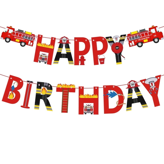 HTM Party Fire Truck Happy Birthday Banner For Kids Fire Engine Rescue Birthday Party Sign, Fire Truck Birthday Party Supplies For Boys Red