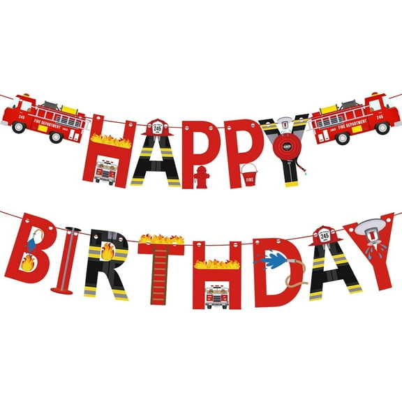 Fire Truck Happy Birthday Banner for Kids Engine Rescue Party Sign, Red Supplies for Boys