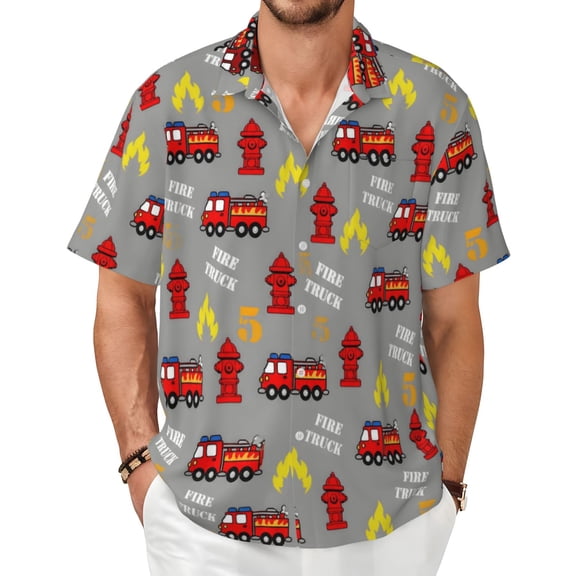 Fire Truck Men's Shirts Short-Sleeved with All-Over Prints Button-Up Shirts