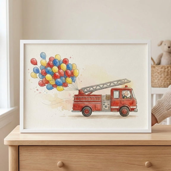 Fire Truck Nursery Wall Decor Art Whimsical Firefighter Balloon Print Boys Unframed Paper Print