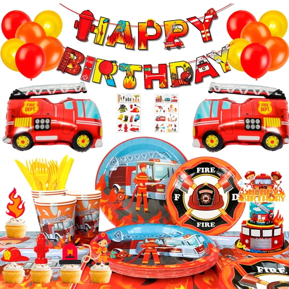 Fire Truck Party Supplies, 155 Pcs Fireman Birthday Decorations, Happy Birthday Banner, Tablecloth, Plates, Cups, Napkins, Fire Truck Balloons, Complete Firefighter Birthday Party Kit