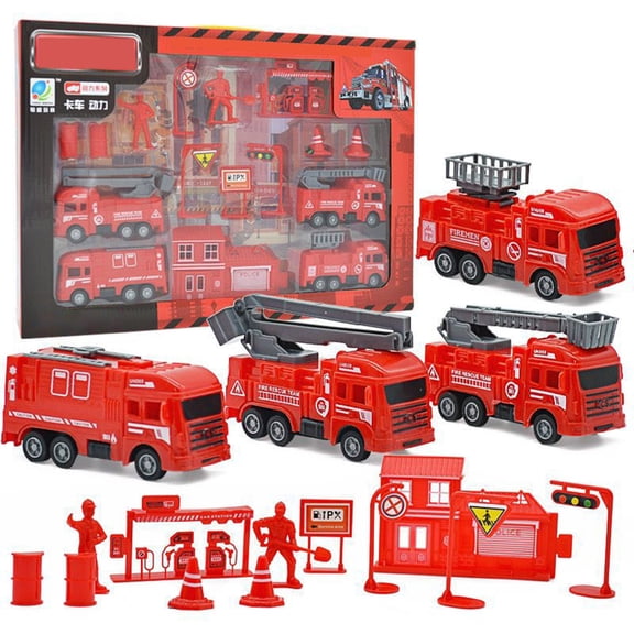 Fire Truck Set for 4-5 Years, 8-Piece Vehicle Models with Inertia Return System, Simulation Fire Engine and Military Cars, Play Vehicles Gift for 4-5 Years