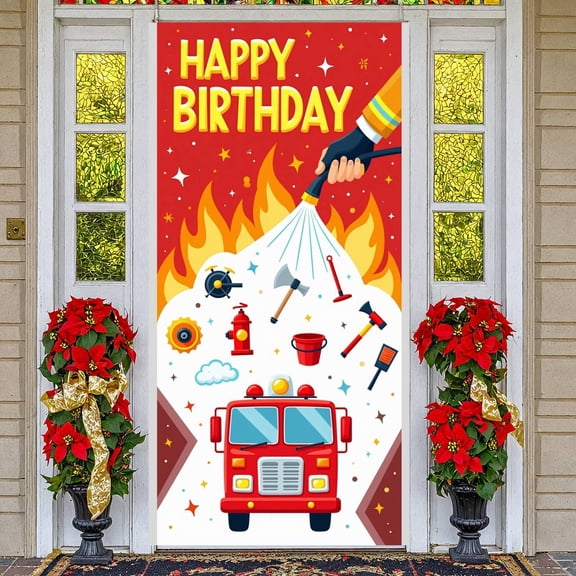 Fire Truck Theme Firefighter Birthday Banner Red Colorful Fire Truck Display Cartoon Flame Decor Fireman Backdrop for Kids Birthday Party Fireman Themed Event Children's Celebration