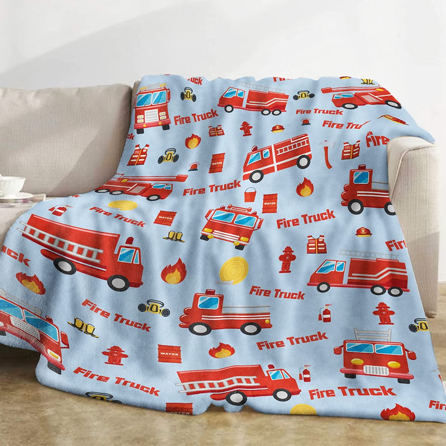 Fire Truck Throw Blanket, Fire Truck Blanket for Boys, Blue Firefighter