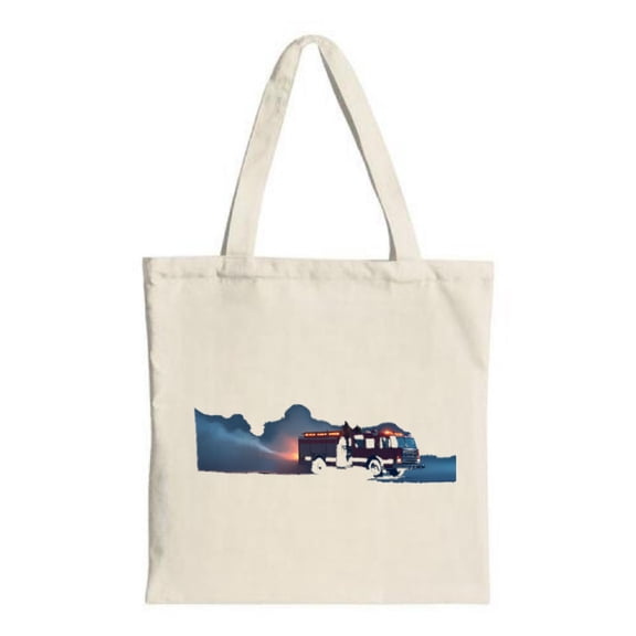 Fire Truck Tote Bag - Canvas Multifunctional Reusable Shopping Bag with Dusk Landscape Design Perfect for Travel Parties & Shopping