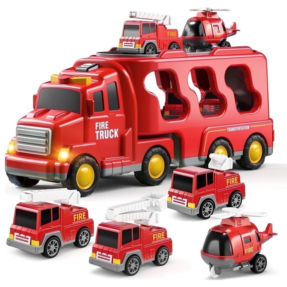 Fire Truck Toy, 5-in-1 Fire Car Truck for Boys 3 4 5 6 Years Old, Fire Trucks Toddler Toys for Boys Age 3-6 Christmas Birthday Gift Car Sets with Light Sound