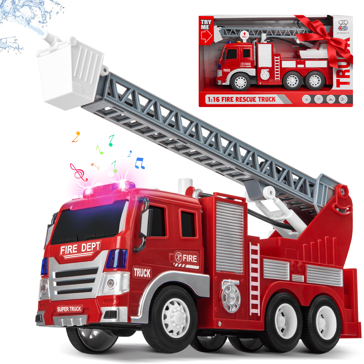 Fire Truck Toy Metal Cab Fire Engine Truck with Lights and Siren Sounds Working Water Pump and Extendable Rotating Rescue Ladder Friction Powered