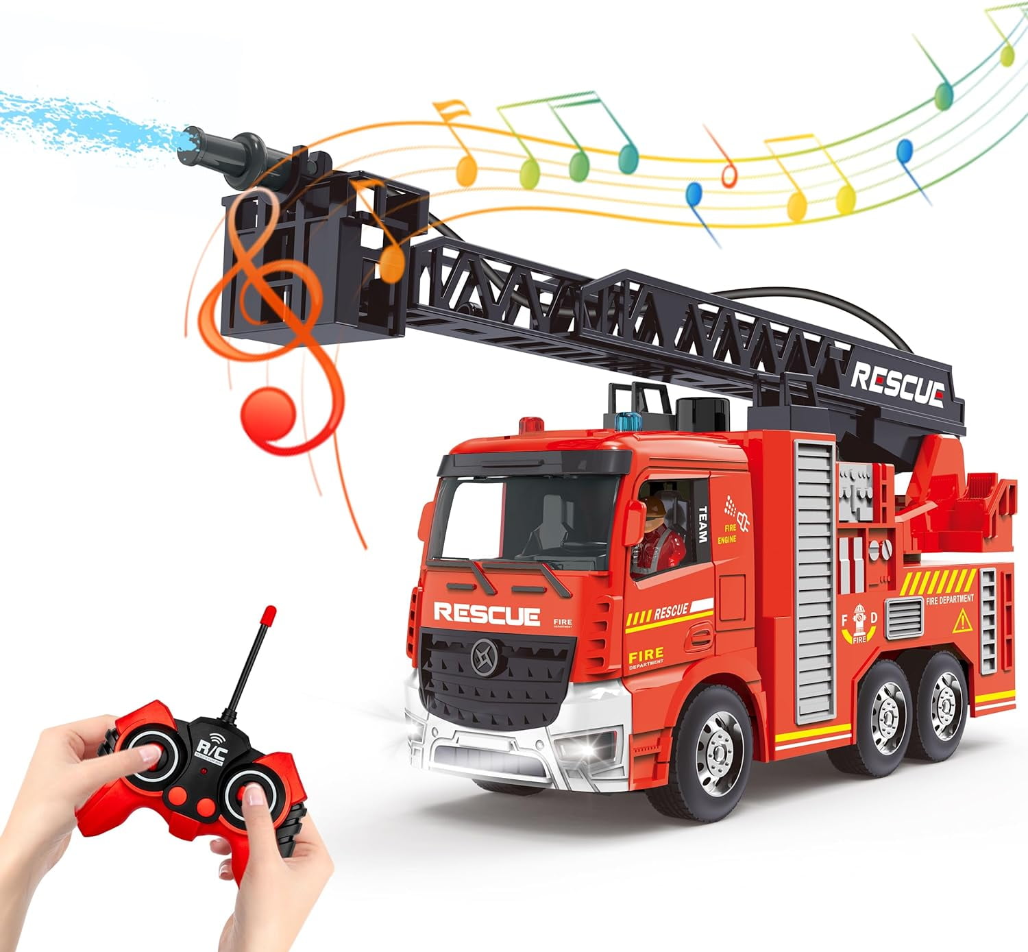Fire Truck Toy for Toddlers Kids Boys Ages 3-8 Years Old,Remote Control Fire Truck with Lights,Siren Sound,Working Water Spray,Rotating Rescue Ladder, Gifts for Little Fireman 8-12